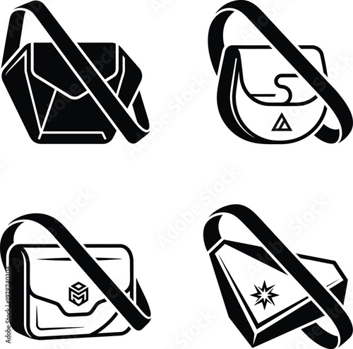 Vector rendering assortment of four different messenger bags and crossbody bags in minimalist black and white technique.