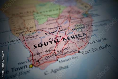 Map of South Africa with round vignette. Selective focus on label, close-up view