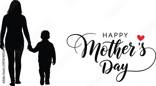 Touching mother's day illustration silhouette of mother and son walking hand in hand