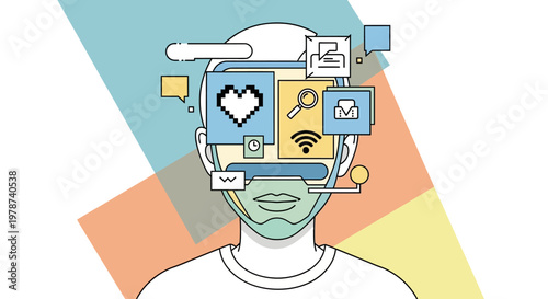 Digital human face with social media icons