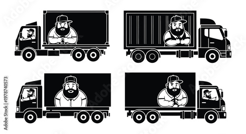Four black and white illustrations of trucks with bearded men s faces