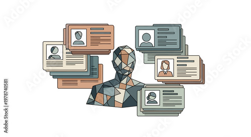 Digital identity and personal data concept with a futuristic illustration of a person's head surrounded by multiple ID c