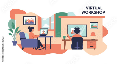 Remote workers in virtual workshop with computers