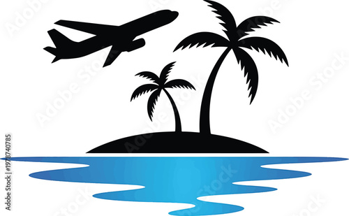 airplane flying over tropical island with palm trees and ocean