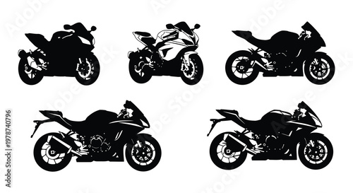 Silhouette collection of six modern sport motorcycles in black and white