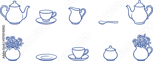 Blue line drawings of tea party items on white background