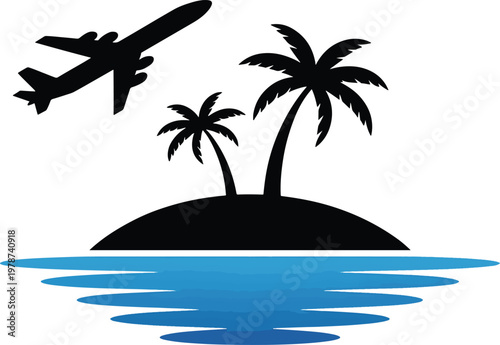 Airplane flying over tropical island with palm trees minimalist logo design