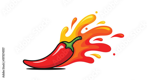 Red chili pepper is depicted with a large fiery multi-colored splash of yellow orange and red liquid erupting from its right side for intense flavor.