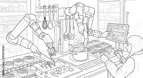 Robotic arms assembling food product in factory