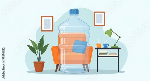Illustration of a water cooler jug as an armchair in a cozy room setting
