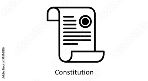 Simple Black and White Icon of Constitution Document with Seal and Text