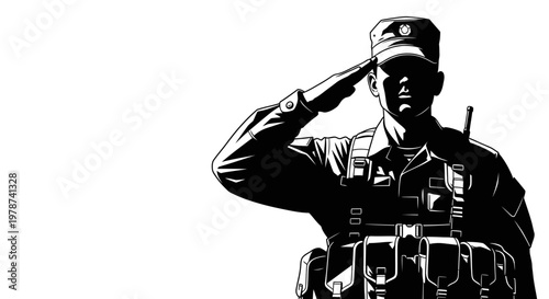 Soldier Saluting with Equipment, Illustrating Military Service and Duty