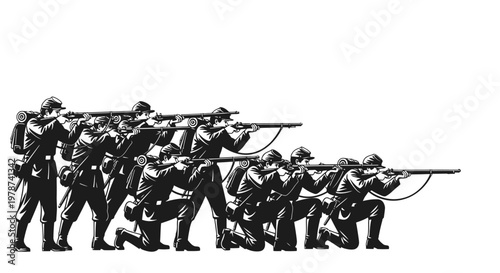 Soldiers Aiming Rifles in Formation, Nineteenth Century Military Illustration