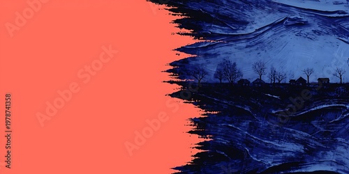 abstract landscape divided vertically into orange and blue
