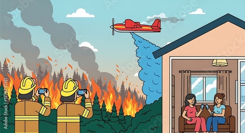 Illustration of firefighters battling a forest fire with a water-dropping plane, and people watching