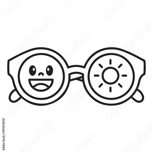 Fun smiling face sunglasses icon, happy eyeglasses, sunshades vector, black line art