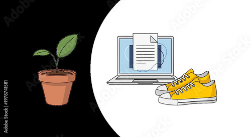 Eco-friendly lifestyle concept with laptop and green plant