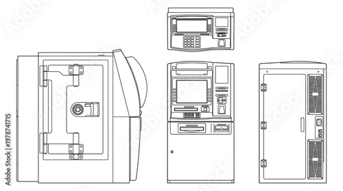 ATM Machine Technical Drawing Blueprint with Front Side Top and Bottom Views Line Art Vector