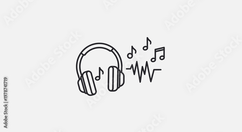 Headphones with music notes and sound wave.