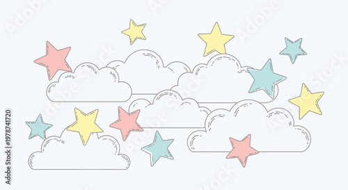 whimsical clouds and stars illustration.