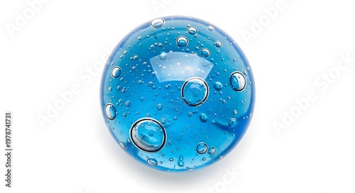 Isolated blue transparent sphere with numerous embedded bubbles, on a white background