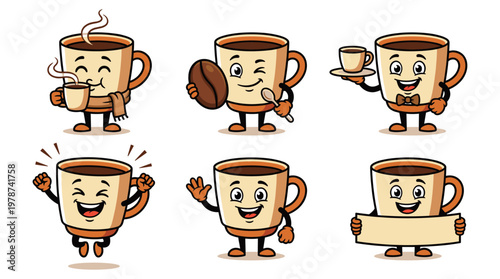 Funny Coffee Cup Mascot Characters in Multiple Poses, Cartoon Beverage Illustration Pack for Cafe Branding and Coffee Shop Marketing