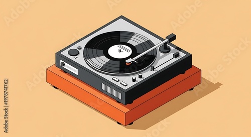 Isometric view of a retro turntable with a vinyl record on a wooden base