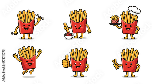 French Fries Mascot Characters in Multiple Poses, Cartoon Fast Food Illustration Pack for Snack Bar and Side Dish Branding