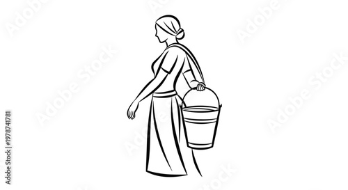 Woman carrying a bucket in a simple line drawing.
