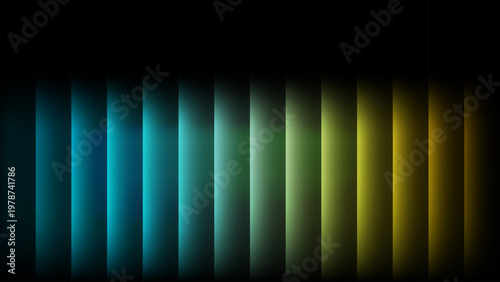 Abstract vertical glowing bars with blue and yellow color gradient on black background 3D render