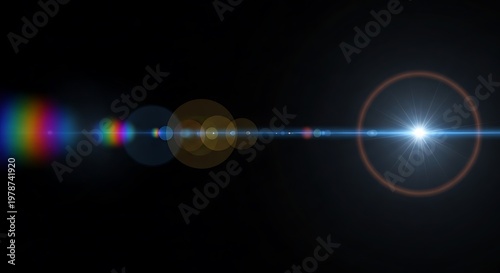 Light emanating from a bright spot with lens flares, rainbow effect, and dark background