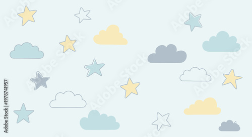 A whimsical illustration of clouds and stars.