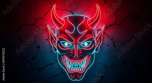 Neon devil face against a cracked, dark wall, glowing with red and blue
