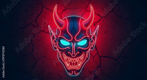 Neon devil face with horns and sharp teeth on a cracked red background