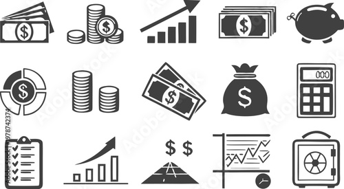 Set Flat Business Icons, money signs. Set of Money bag icons. Line money bag icon , black and white sack, Flat Money bag Vector illustration. - stock vector