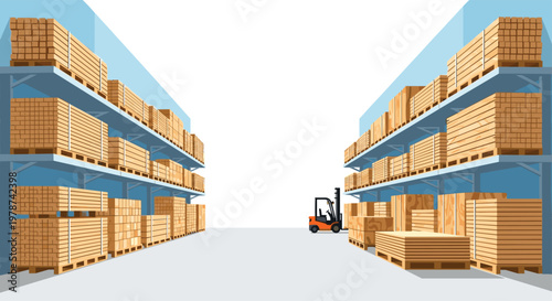 Spacious warehouse interior featuring towering stacks of wooden planks on blue metal shelving units with a solitary orange forklift parked in the aisle.