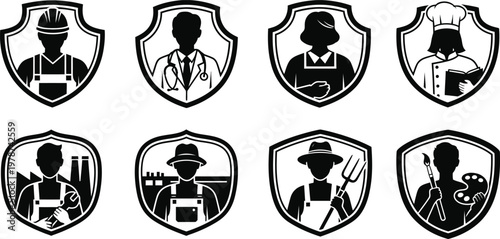 Vintage occupational crests a collection of eight black and white heraldic badges representing various professions