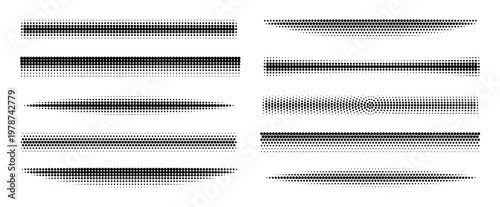 Halftone line dividers with dot pattern texture. Gradient borders and faded edges for modern graphic design. Creative vector separator collection.
