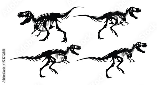 Four tyrannosaurus rex skeletons depicted in various dynamic poses