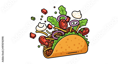 Colorful illustration of a taco exploding with fresh ingredients.