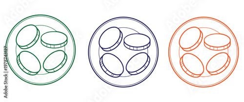 Coin illustration series showing round metallic currency pieces on circular plates in green blue and orange line colors.