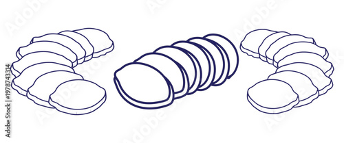Group of sliced sausage pieces arranged in curved and straight lines, realistic 3d render, line art.