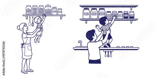 Mother and son reaching for jars on shelf, father lifting child to grab cookies and sugar, kitchen scene.