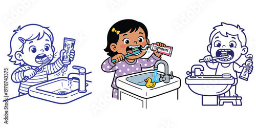 Children brushing teeth with toothpaste near sink, toddler and kids practicing dental hygiene routine, bathroom.