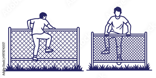 Man climbing chain link fence outdoor line art illustration showing physical activity and property trespassing concept.