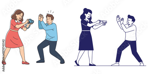 Woman taking photo of surprised man illustration showing paparazzi and privacy concept in color and line art versions.