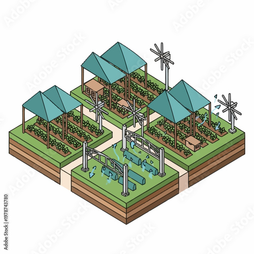 Isometric illustration of sustainable farm with greenhouses and wind turbines.