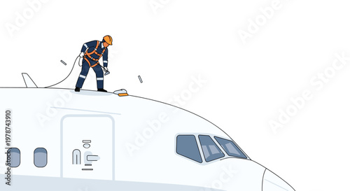 A skilled maintenance worker wearing a safety harness performs a detailed technical inspection on the roof of a large white passenger airplane in a hangar.