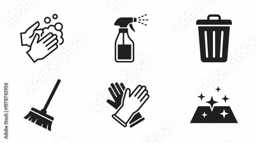 Comprehensive collection of cleaning and sanitation icons, illustrating essential household hygiene practices and maintenance concepts for a clean environment