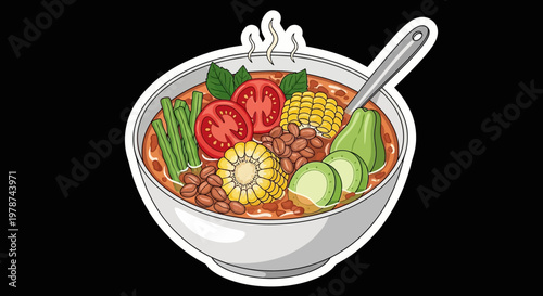 A steaming bowl of hearty vegetable stew with corn, beans, tomatoes, and avocado, garnished with herbs and served with a spoon